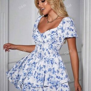 D&M Floral Print Sweetheart neck with corset bodice and puffy sleeve dress